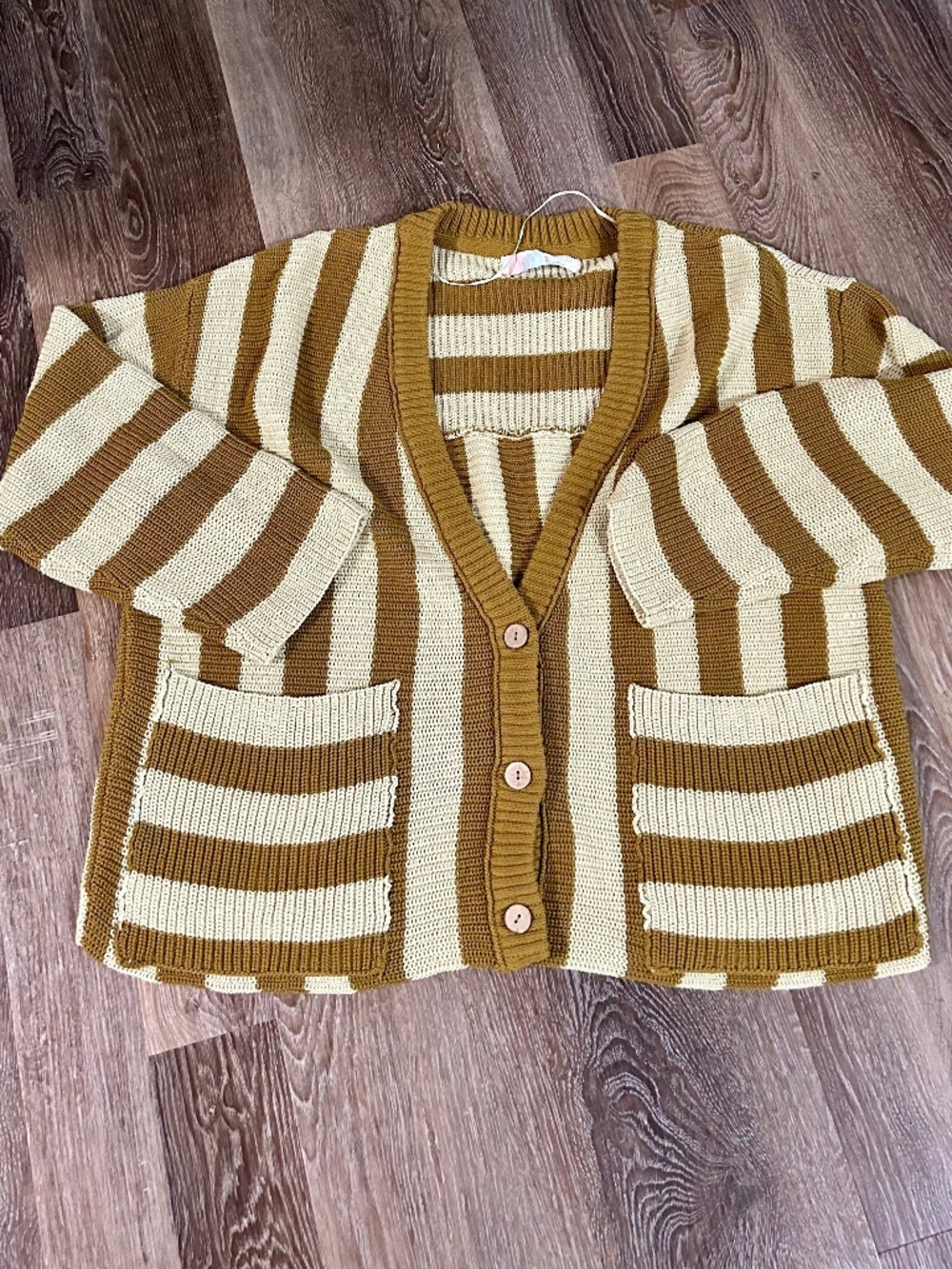 FP Beach High Tide Cardigan Sz XL Olive and Cream Striped V-Neck Coastal Vibes